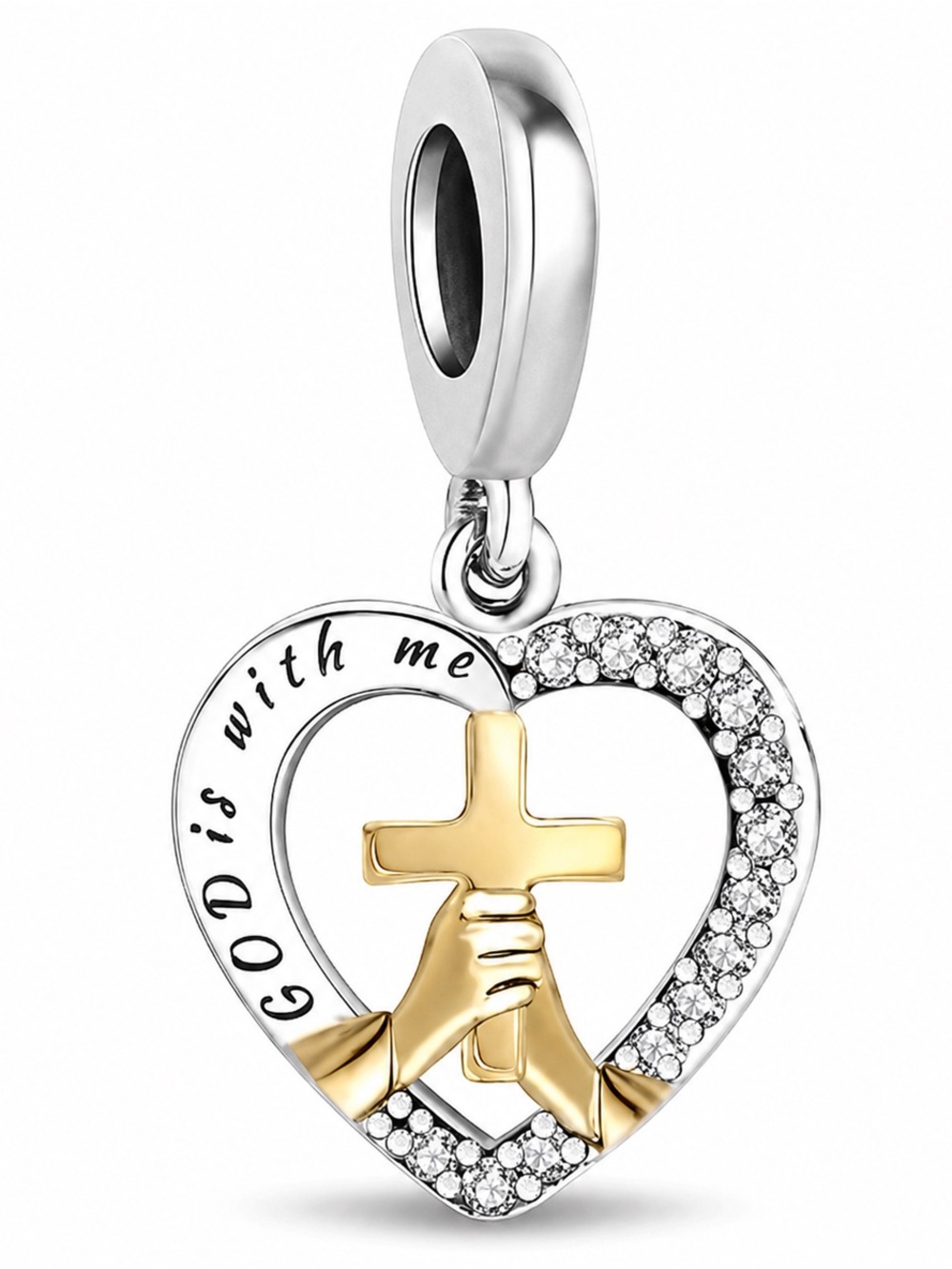 Sterling Silver God Is With Me Heart Cross Prayer Hands Charm-NEW